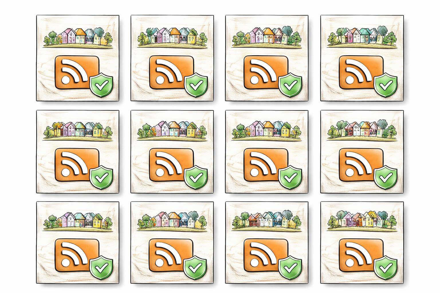 RSS syndication delivers neighborhood updates across a grid of twelve cards, each pairing an orange RSS icon with a green shield check above a row of houses.