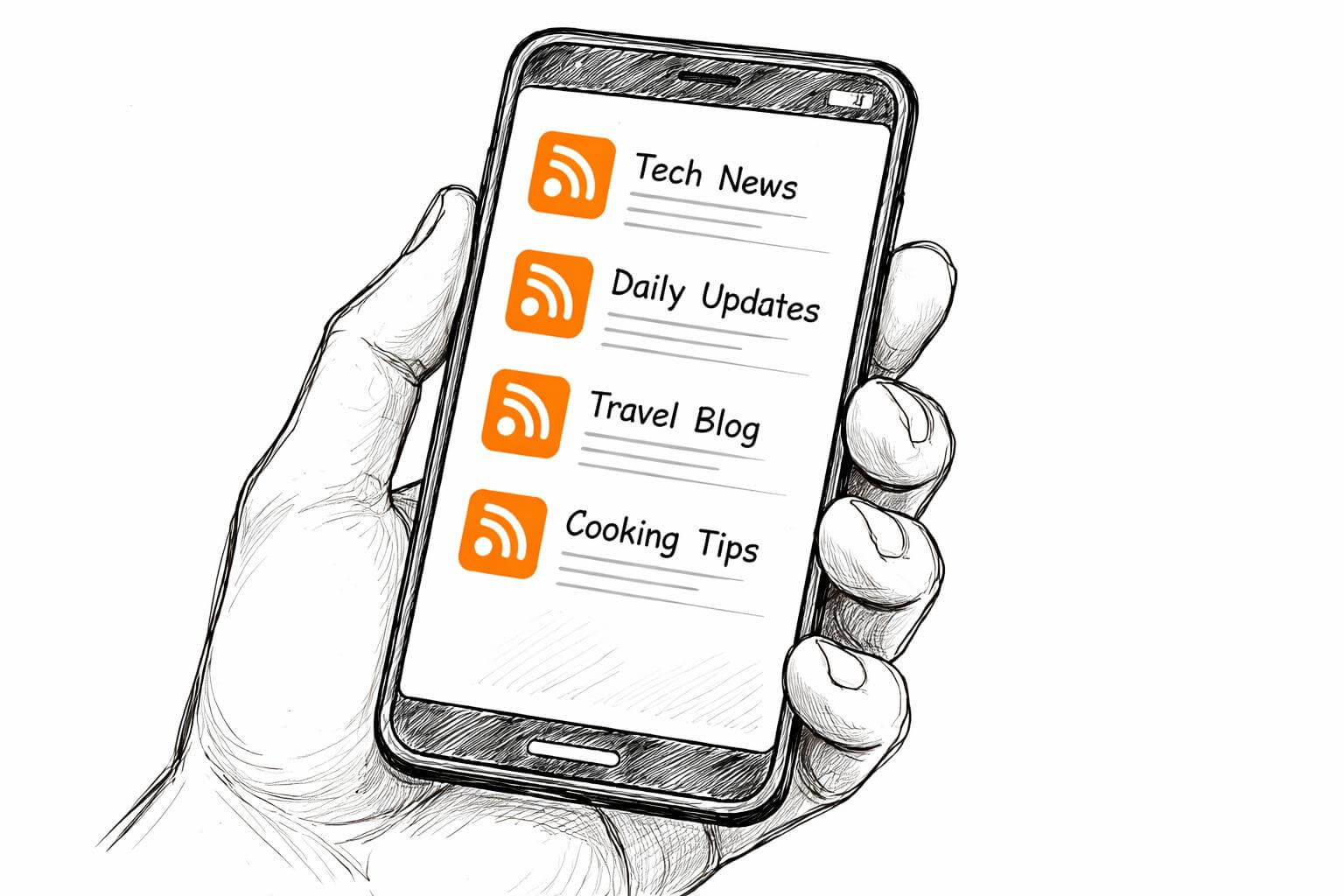 An RSS reader consolidates subscriptions on a smartphone listing Tech News, Daily Updates, Travel Blog, and Cooking Tips beside orange RSS icons.